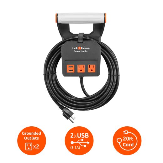 Link2Home Power Handle 20ft. 14AWG 2 Outlets 2 USB Black