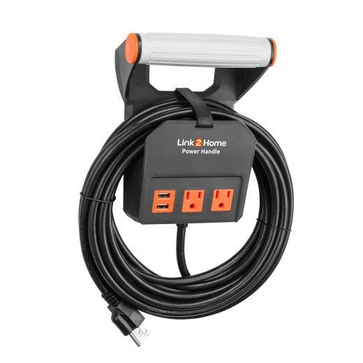 Link2Home Power Handle 20ft. 14AWG 2 Outlets 2 USB Black