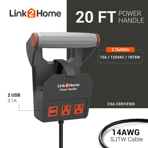 Link2Home Power Handle 20ft. 14AWG 2 Outlets 2 USB Black