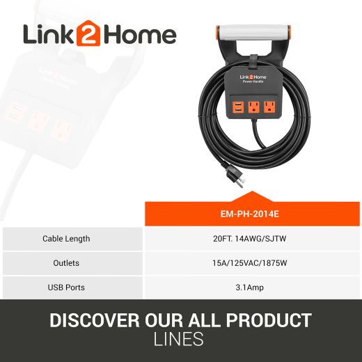 Link2Home Power Handle 20ft. 14AWG 2 Outlets 2 USB Black
