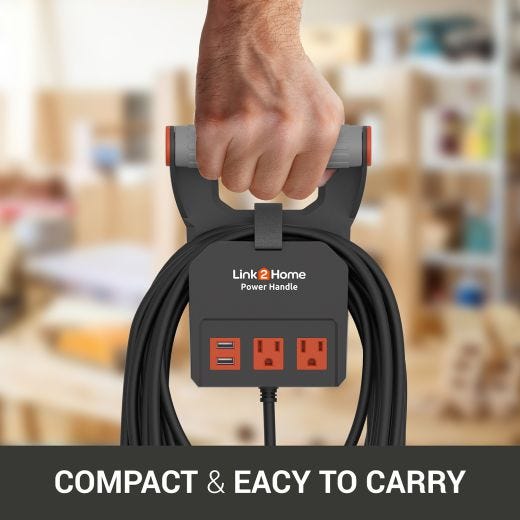 Link2Home Power Handle 20ft. 14AWG 2 Outlets 2 USB Black