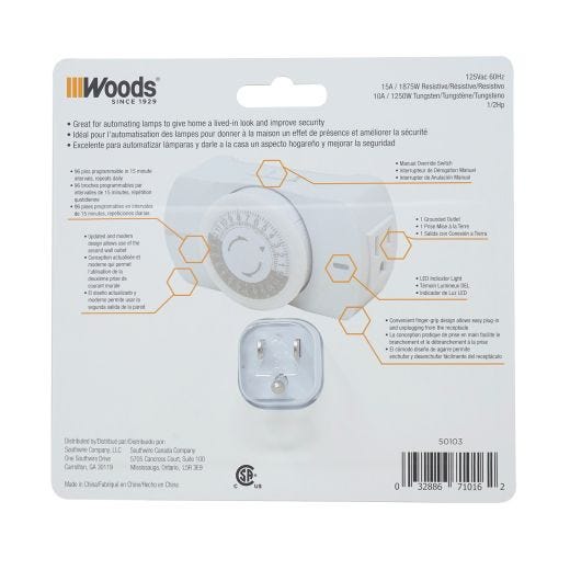 Indoor 24-Hour Heavy Duty Mechanical Timer, 1 Grounded Outle