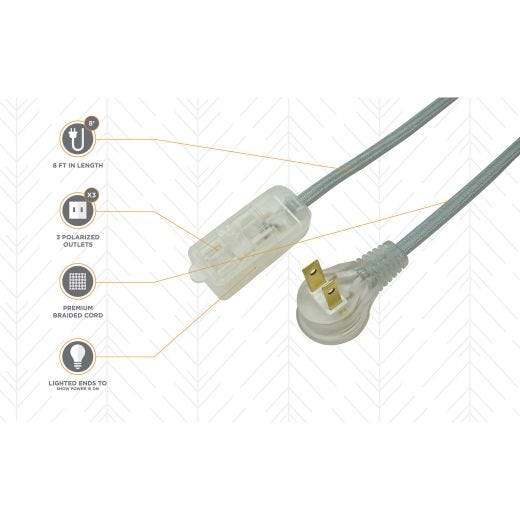 8’ Fabric Cord With 3 Outlets (Grey)
