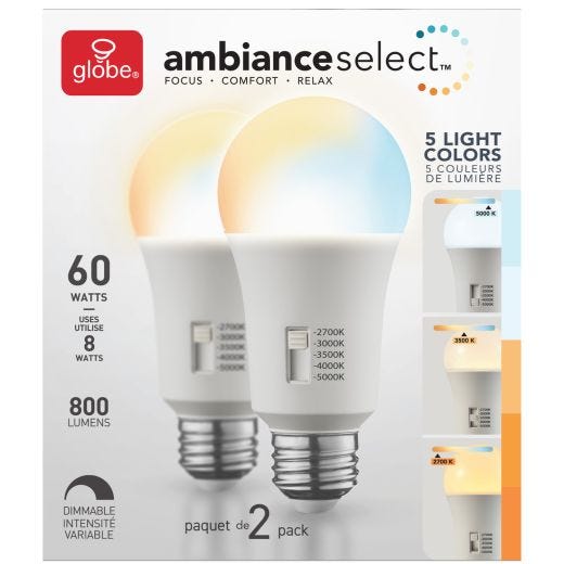 A19 9W Selectable White (2700K-5000K) LED Bulb- 2/Pack