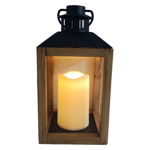 Wooden Lantern With Black Top And LED Candle
