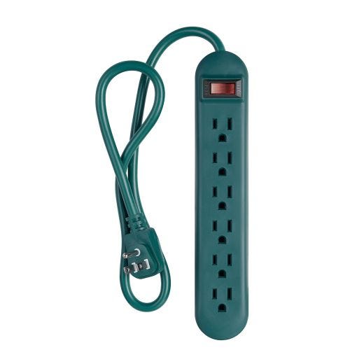 6 Outlet Power Strip, 2.5' Cord, 14/3, Green
