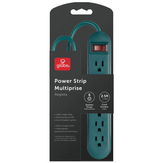 6 Outlet Power Strip, 2.5' Cord, 14/3, Green