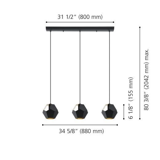 Rasigures Pendant Light 3L, Black and Gold Finish