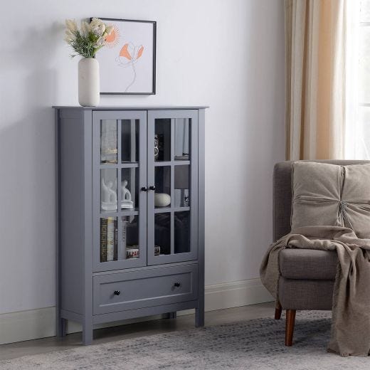 Display Cabinet With Glass Doors- Grey