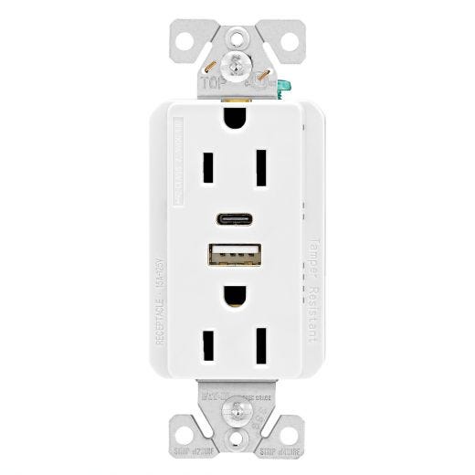 USB Type AC Duplex Receptacle 15A White