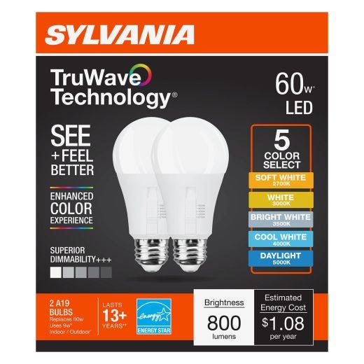 TruWave 60W A19 Selectable Color Dimmable LED Bulb