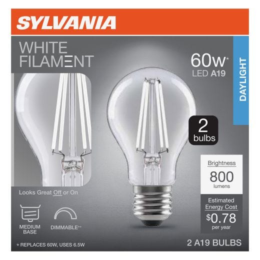 A19 Clear Dimmable White Filament LED Bulb Daylight