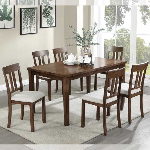7 Piece Brown Dining Set With Beige Seats