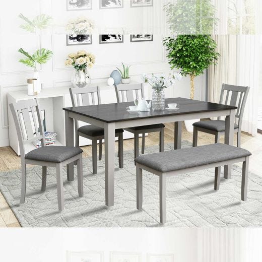 6 Piece Top Dining Table With 4 Seats And Bench- Cream/Brown