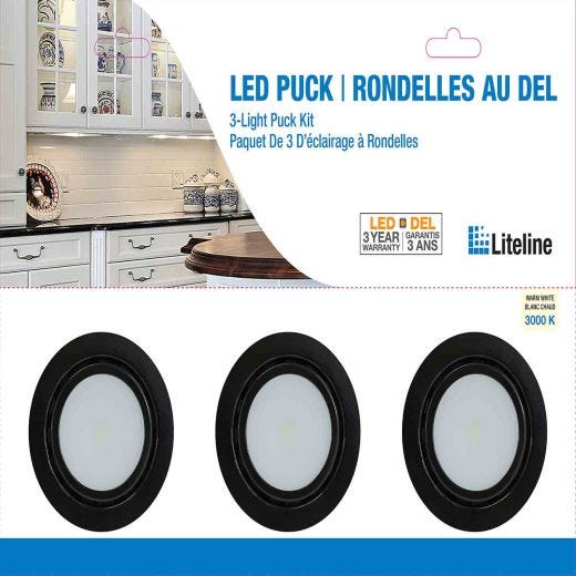 12V LED Puck Light Kit with Power Cord Black-3/Pack