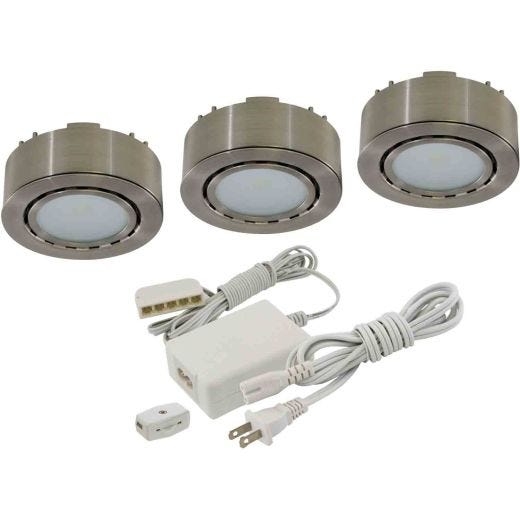 12V LED Puck Light Kit with Power Cord Matte Nickel-3/Pack