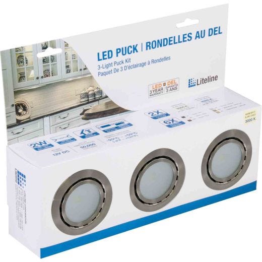 12V LED Puck Light Kit with Power Cord Matte Nickel-3/Pack