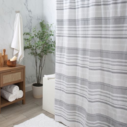 71"x71" Dot Stripe White Gray Cotton Fabric Shower Curtain