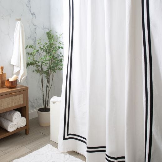 71"x71" Border White Black Cotton Fabric Shower Curtain