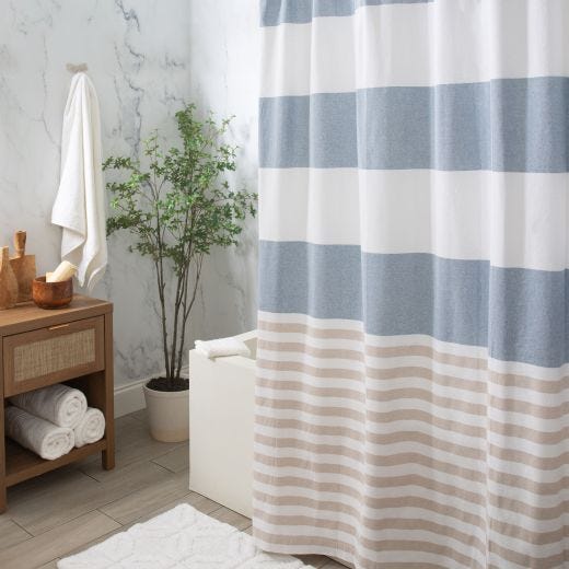72"x72" Blue Natural with Tassels Cotton Fabric Shower Curta