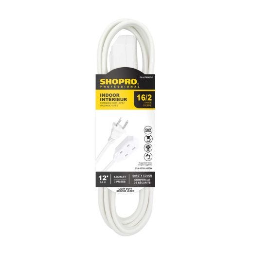 16/2 SPT-2 3-Outlet 12' Indoor Extension Cord White