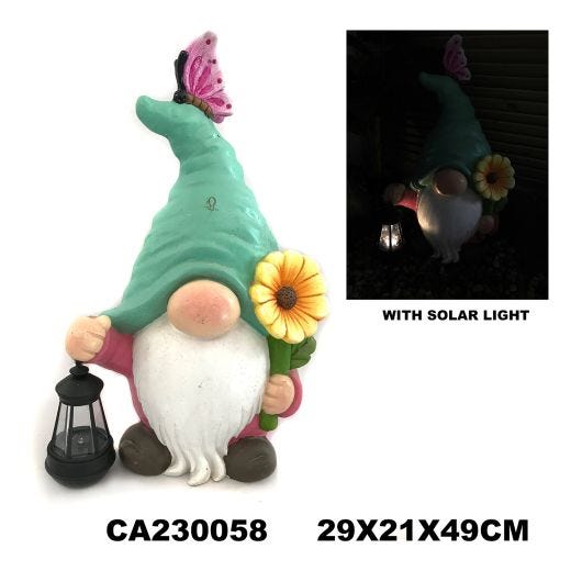 Gnome avec fleur et lampe solaire 19''