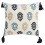 Beige Motif Cushion With Dark Blue Tassels
