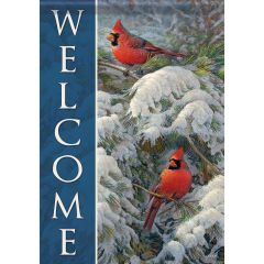 Cardinals in Snowy Pines Welcome Large Flag
