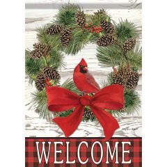 Welcome Cardinal Pinecone Wreath Garden Flag