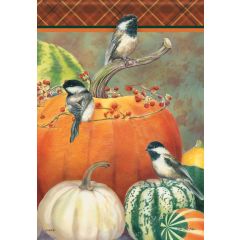 Chickadees And Gourds Large Flag