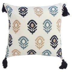 Beige Motif Cushion With Dark Blue Tassels