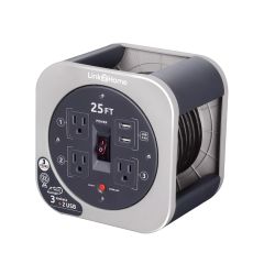 Enrouleur de Cordon Link2Home 25ft 16AWG 3 Prises 2 USB Gris