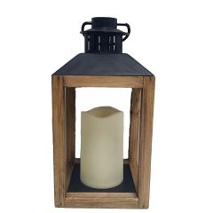 Wooden Lantern With Black Top And LED Candle