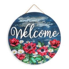 Round Front Door Welcome Red Flowers