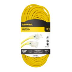 12/3 SJTW 100' Lit End Outdoor Extension Cord Yellow