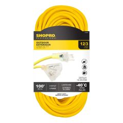 12/3 3-Outlet 100' Lit End Outdoor Extension Cord Yellow
