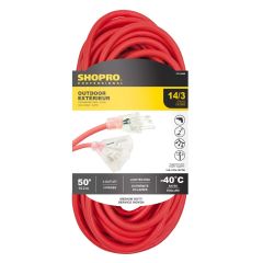 14/3 SJTW 3-Outlet 50' Lit End Outdoor Extension Cord Red