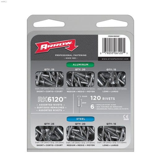 1\/8\" x 1\/2 - 1\/8\" Steel Rivet Assortment Pack-120 Pieces
