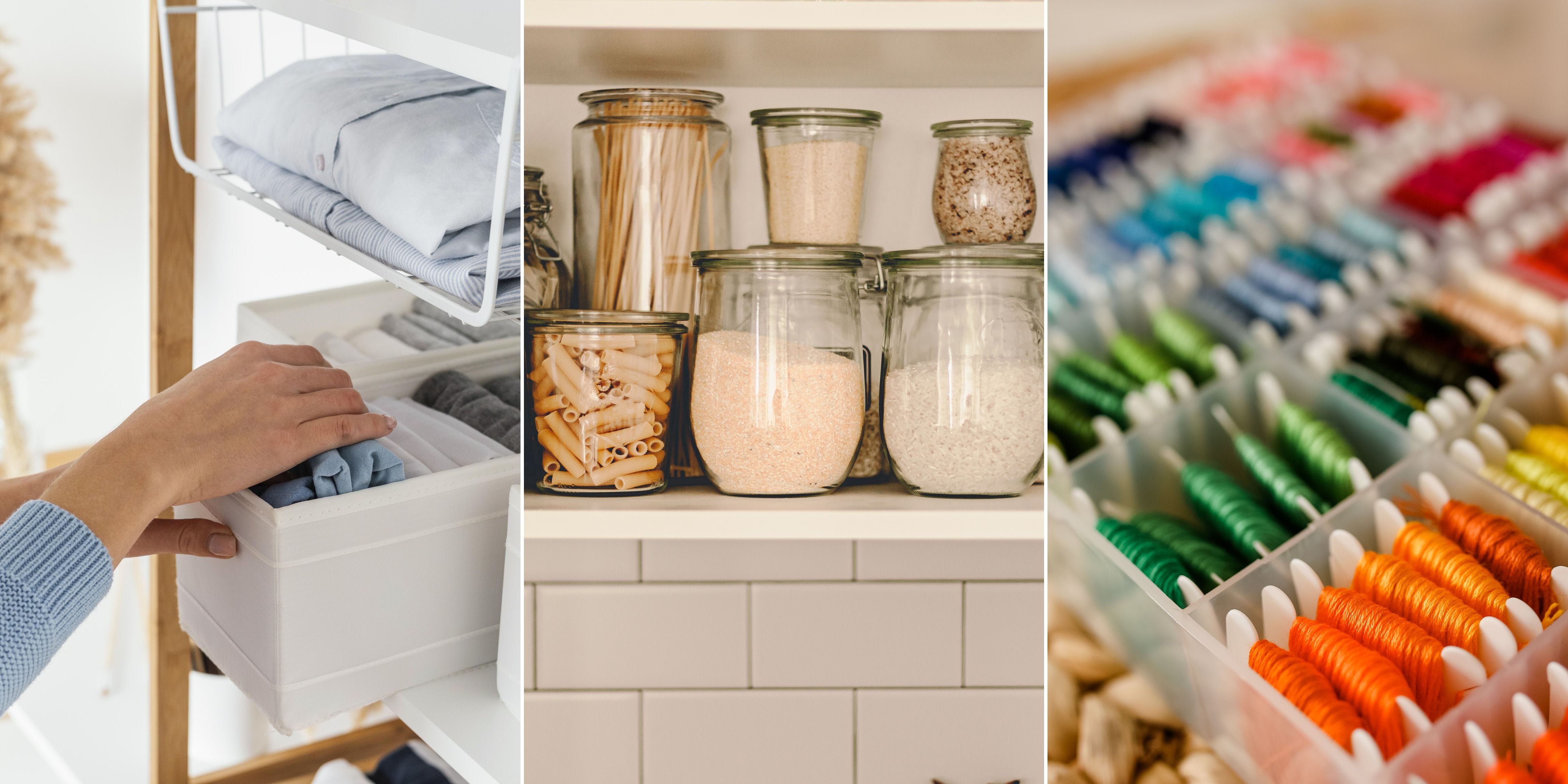 Three photos - on the left, hands organizing clothes into baskets on a shelf. In the middle, pasta, grains, and flour organized in jars. On the left, yarn threads organized by color.