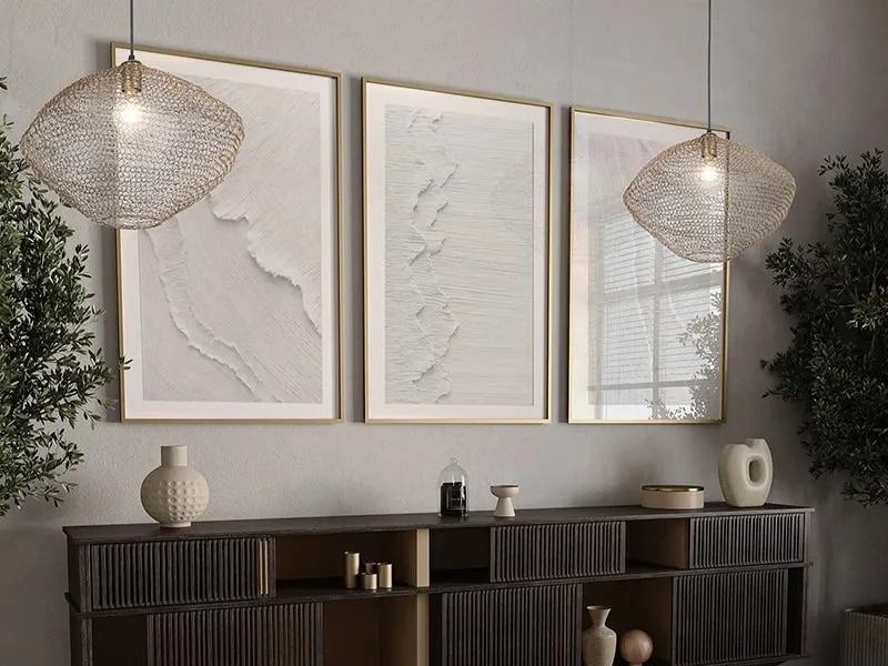 Minimalist dining area with two woven pendant ceiling lights