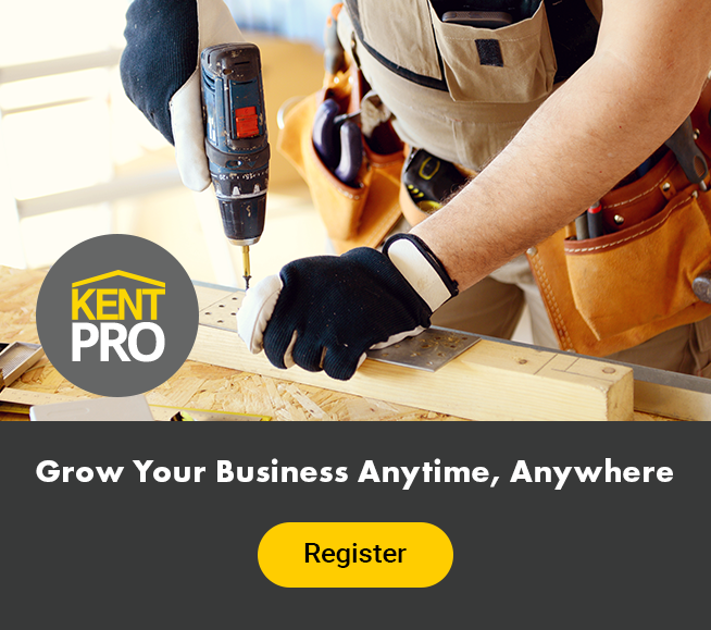 A contractor is drilling holes in a piece of lumber. Grow your business anywhere, anytime with Kent Pro. Register now on kentpro.ca