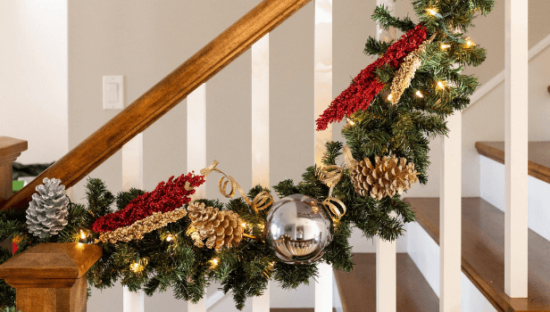 close up of garland on stairs