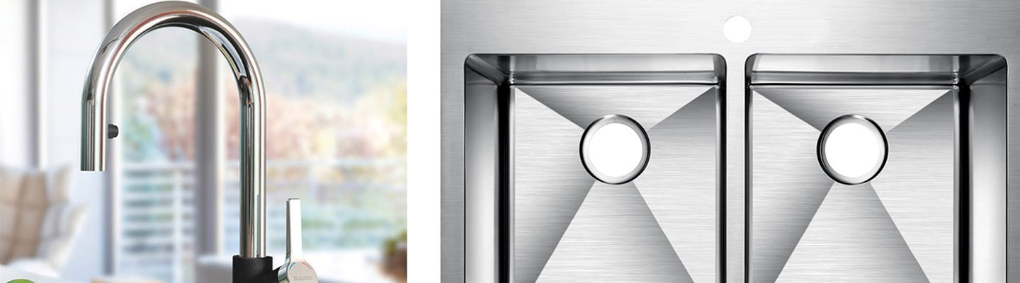 A stylish Blanco kitchen sink with a modern faucet A stylish Blanco kitchen sink with a modern faucet, showcasing a clean and functional design for everyday use.
