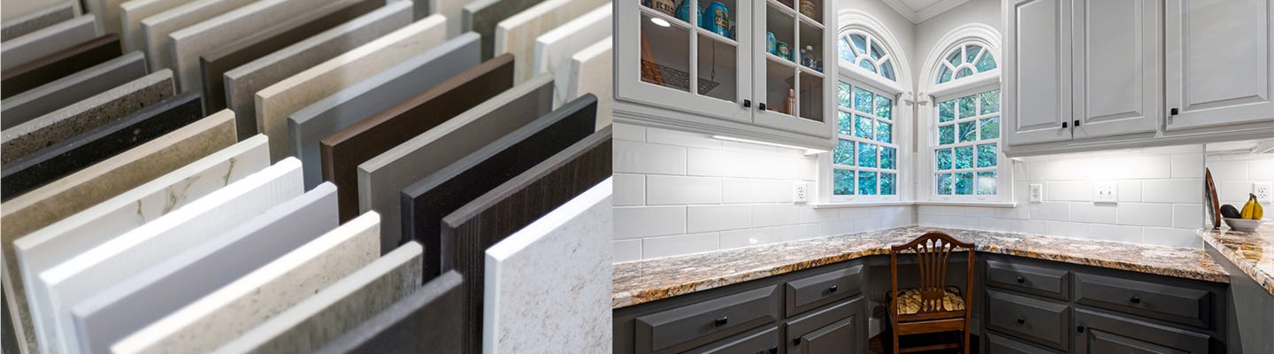 A vibrant display of kitchen cabinets and countertops in various colors A vibrant display of kitchen cabinets and countertops in various colors, showcasing modern design and style.