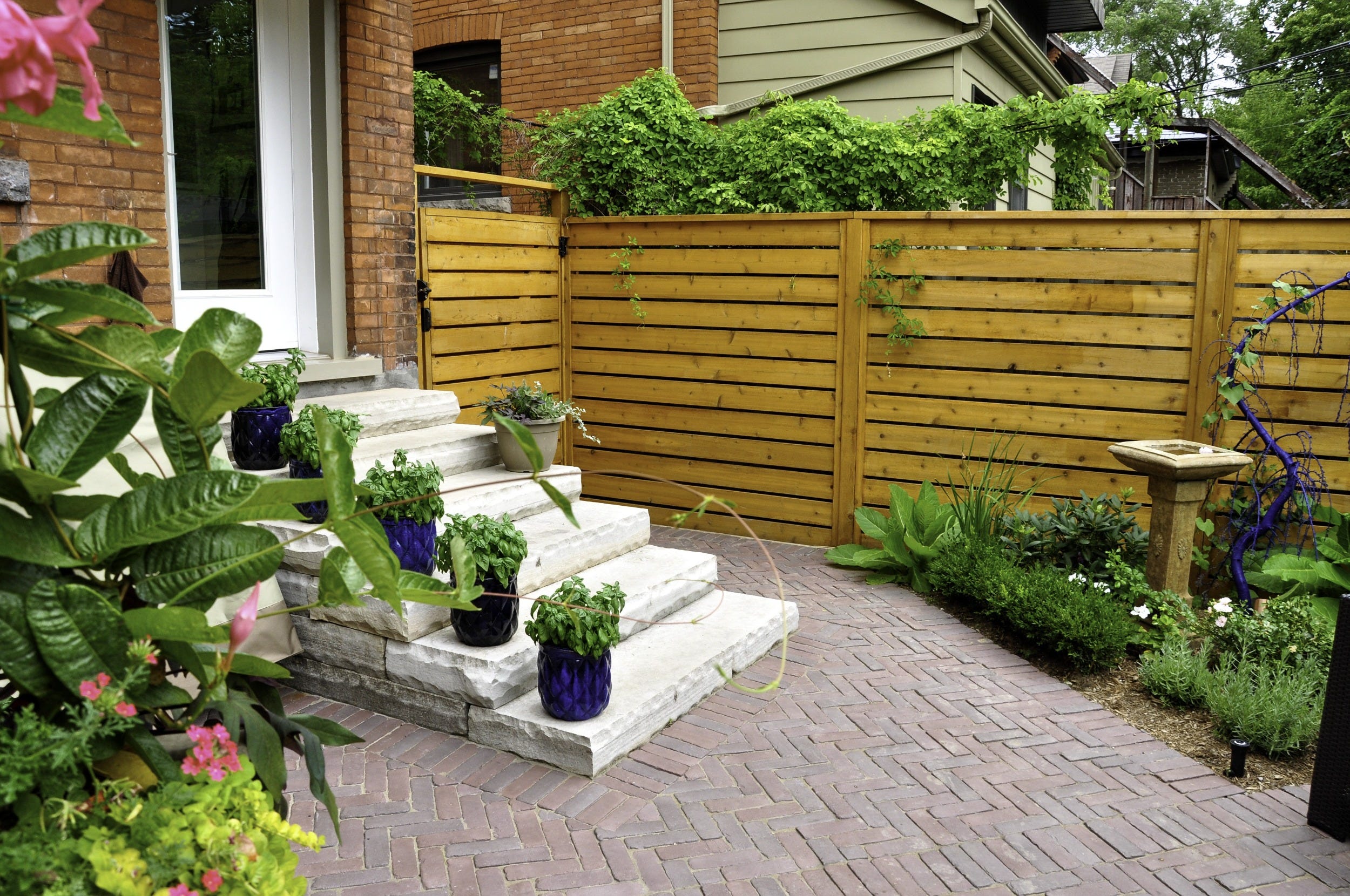 fenced patio with planters